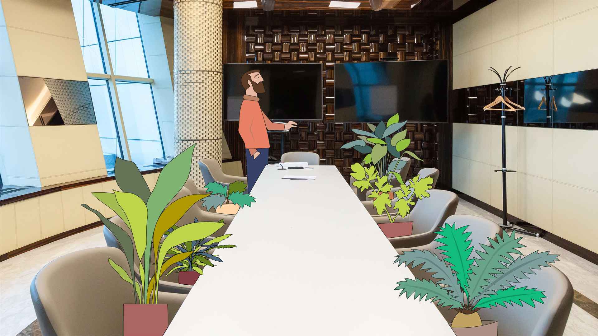 Ein Büro-Konferenzraum mit einem langen Tisch. Vorne steht ein Illustrierter Mann. Auf den Sitzen illustrierte Topfpflanzen, die stellvertretend für Frauen stehen.